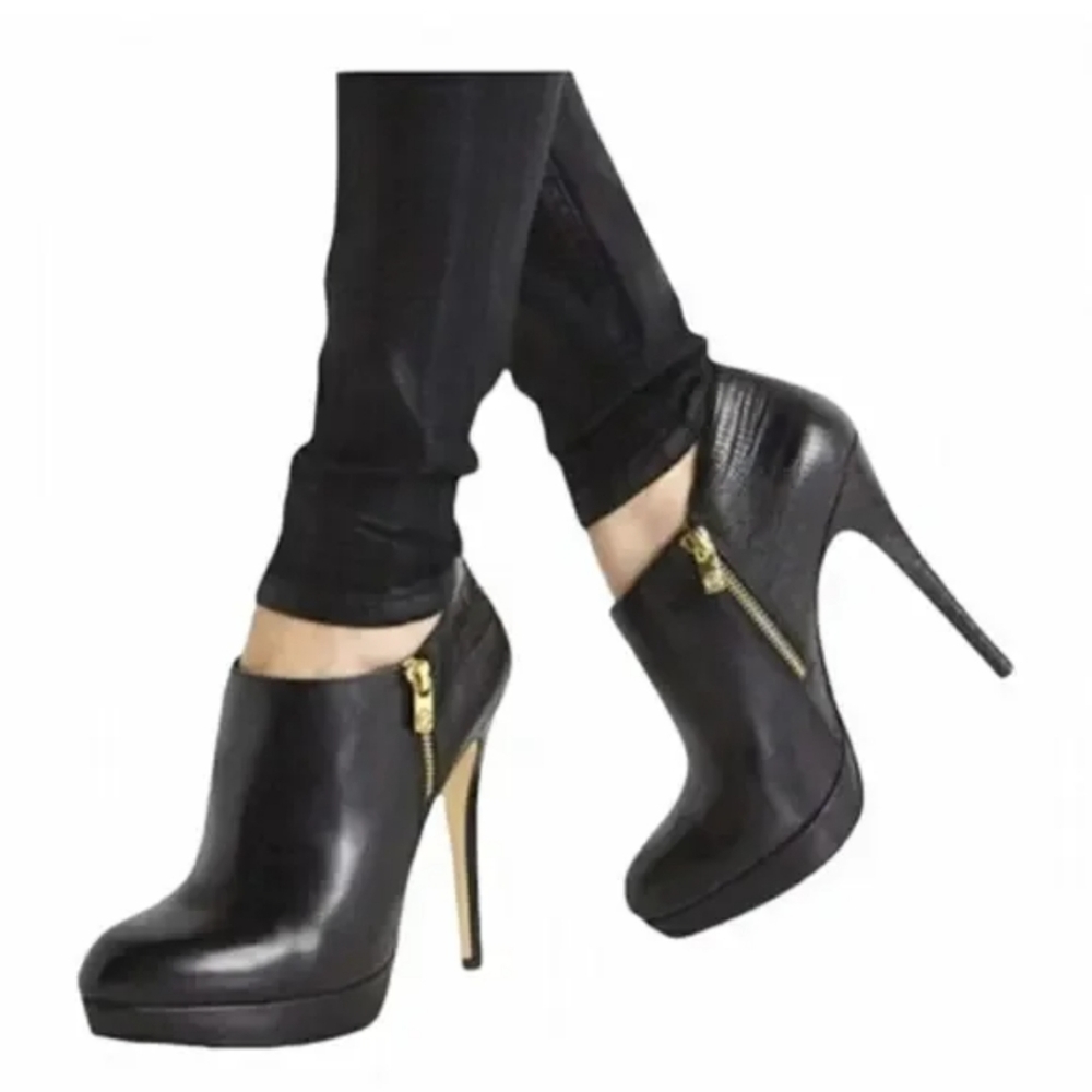 Michael Kors Black Leather and Snakeskin Print Ankle Booties